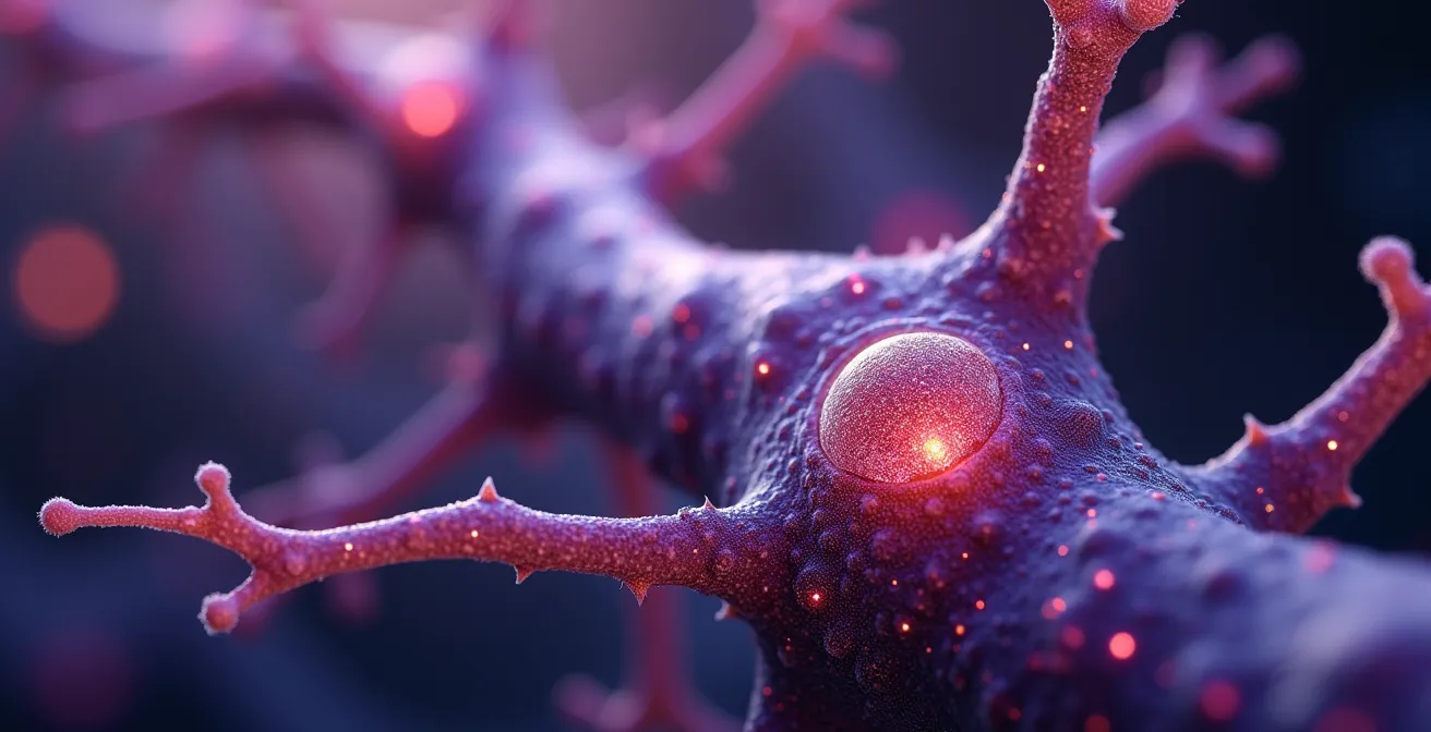 Détail microscopique de synapses neuronales sans texte visible