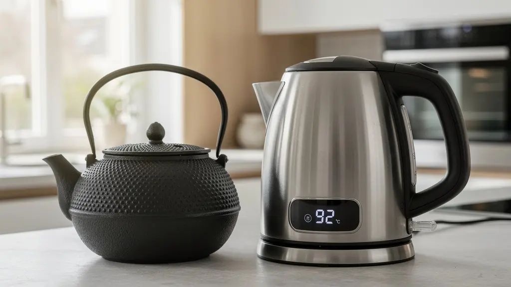 Bouilloire avec affichage température et théière en fonte sur plan de travail