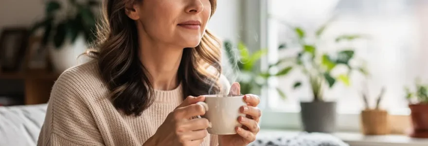 Femme dégustant une tasse de thé bio fumante dans un salon lumineux